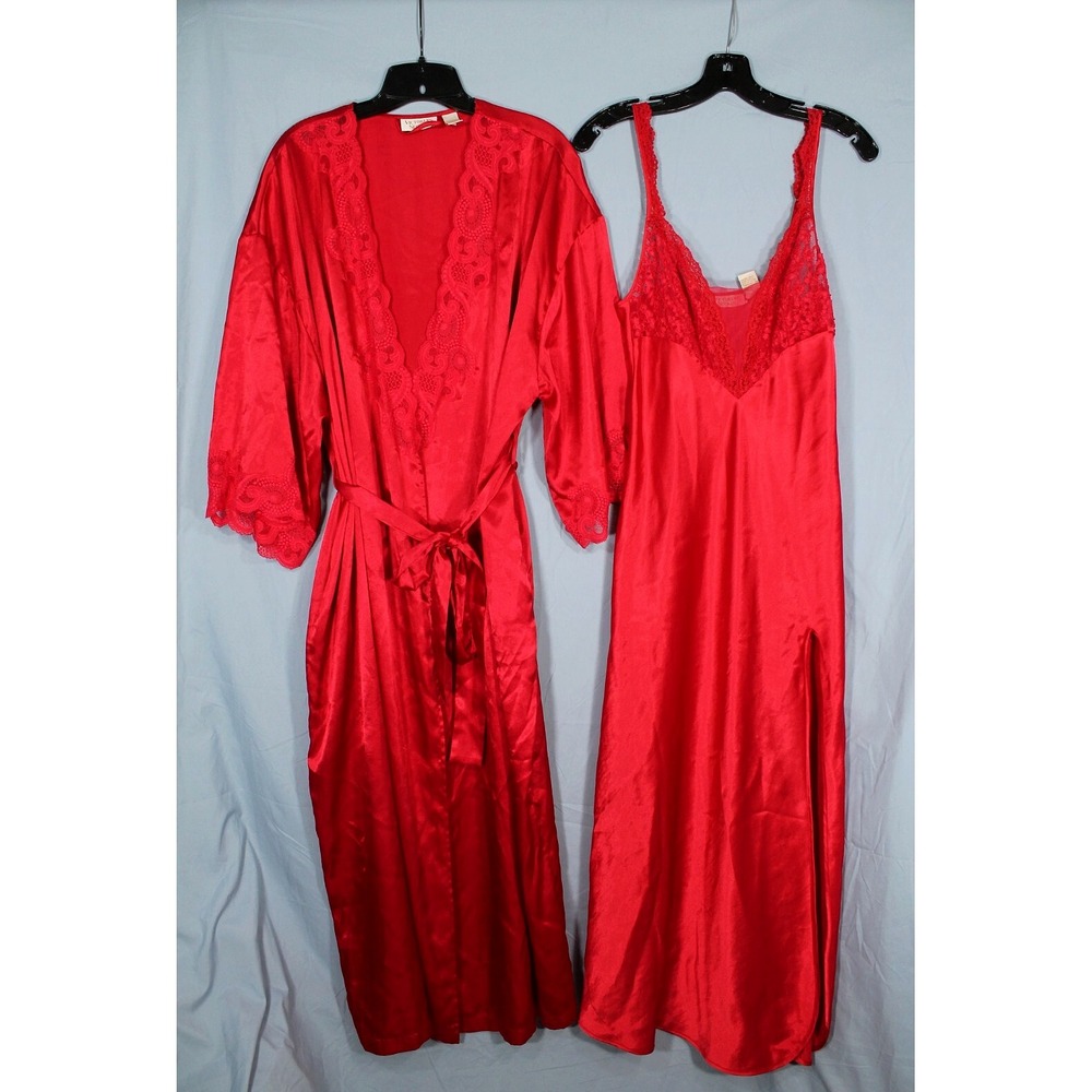Y2K VTG VICTORIA'S SECRET Gold Tag RED SATIN Lounge ROBE/NIGHTGOWN SET w/BELT S